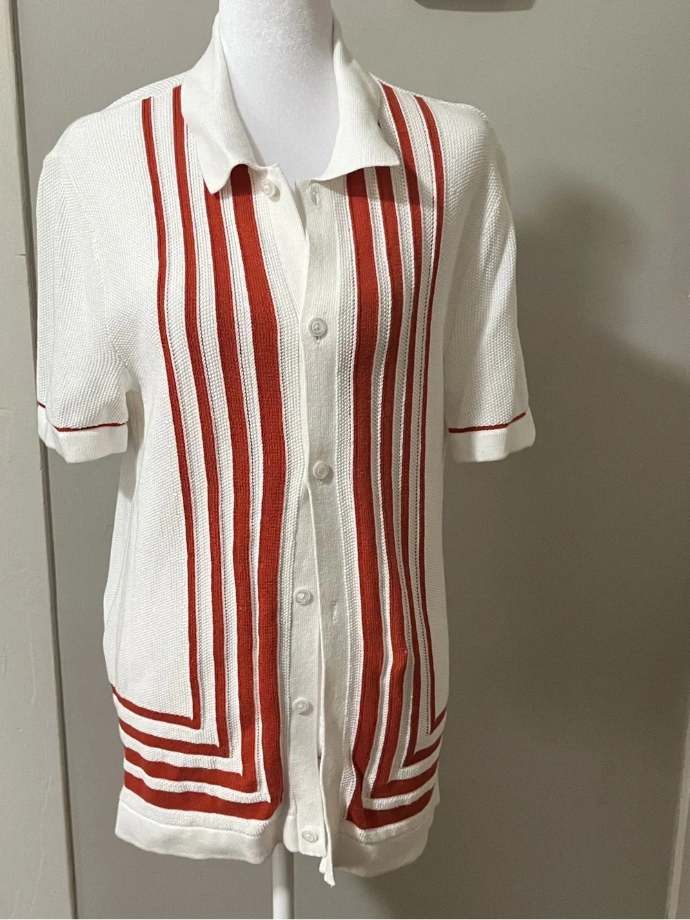 White Knit Banana Republic Button-Up Shirt with Burnt Orange Stripe Detail
